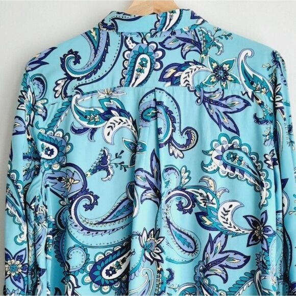 TALBOTS | Floral Paisley Utility Sleeve Buton Down Shirt Blue Sz L P - Picture 7 of 12